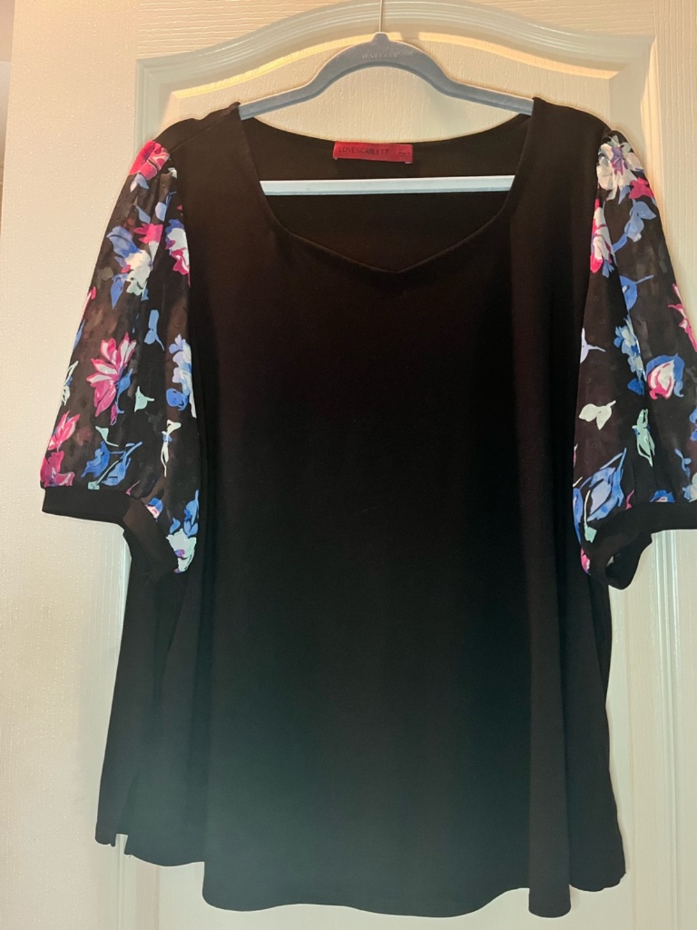Black Knit Top with Sheer Floral Sleeves